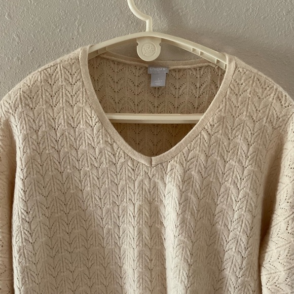 Chico’s Cable Knit Sweater V-Neck “Drama” Pullover Oatmeal Women’s 8 (Chico’s 1) - Picture 2 of 13